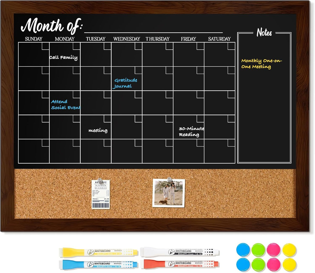 DOLLAR BOSS Chalkboard Calendar Corkboard Combo, 24" x 18" Rustic Brown