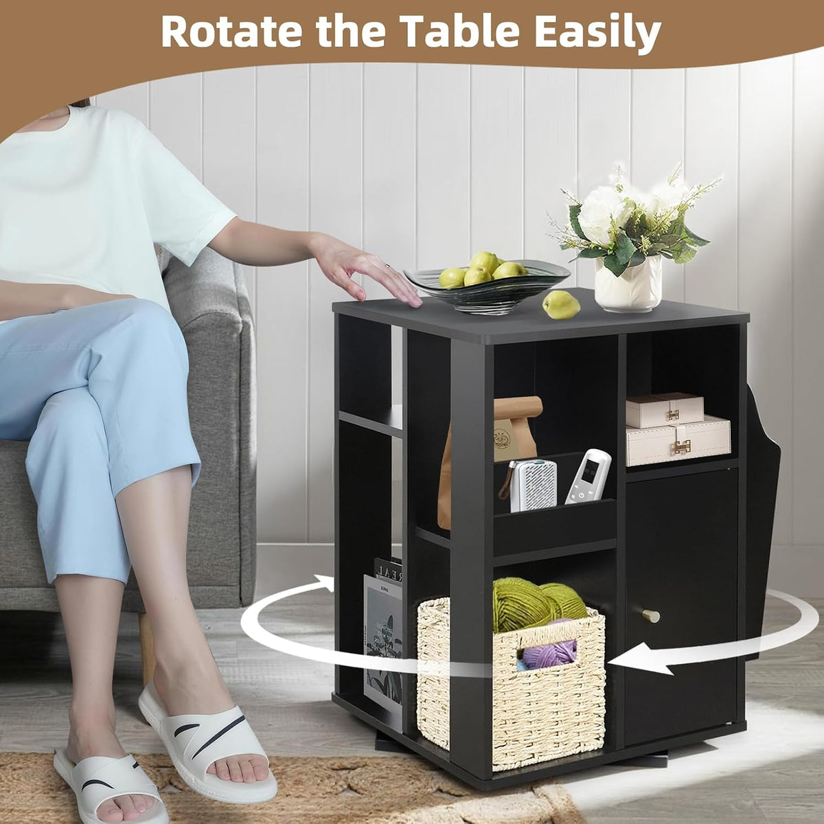 Square Rotating End Table with Storage, 16"D x 16"W x 23.3"H, Black