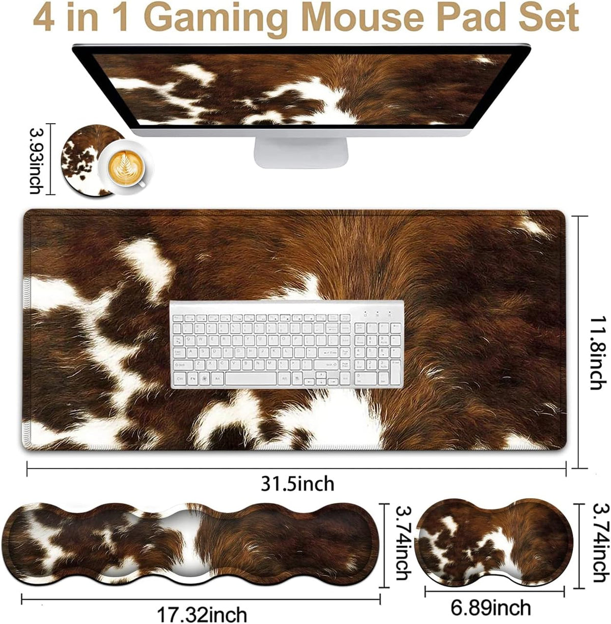 JVGFYNKL Gaming Mouse Pad XXL Large Desk Cute Mat Brown Cowhide Extended Mousepad Ergonomic Memory Foam Keyboard Wrist Rest, Stitched Edges Desk Pad(31.5x11.8 in) Extended Large Mousepads