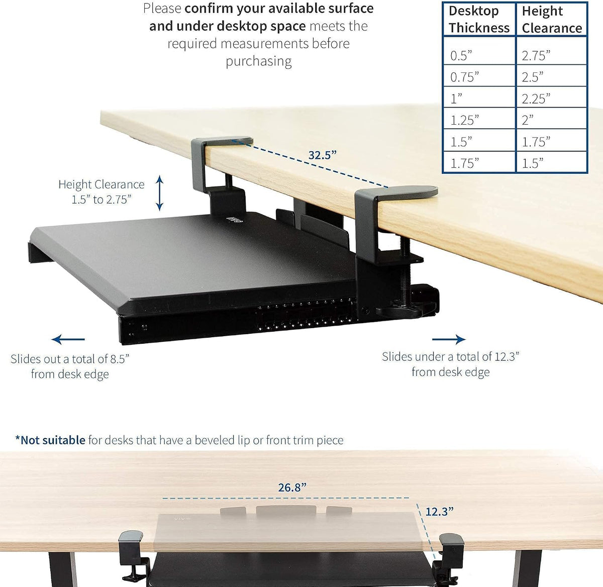 VIVO Dual 13 to 27 inch LCD Monitor Mount and Under Desk C-clamp 27 x 11 Keyboard Tray Kit, Heavy Duty, Fully Adjustable Stand and Slide-Out Platform (Bundle)