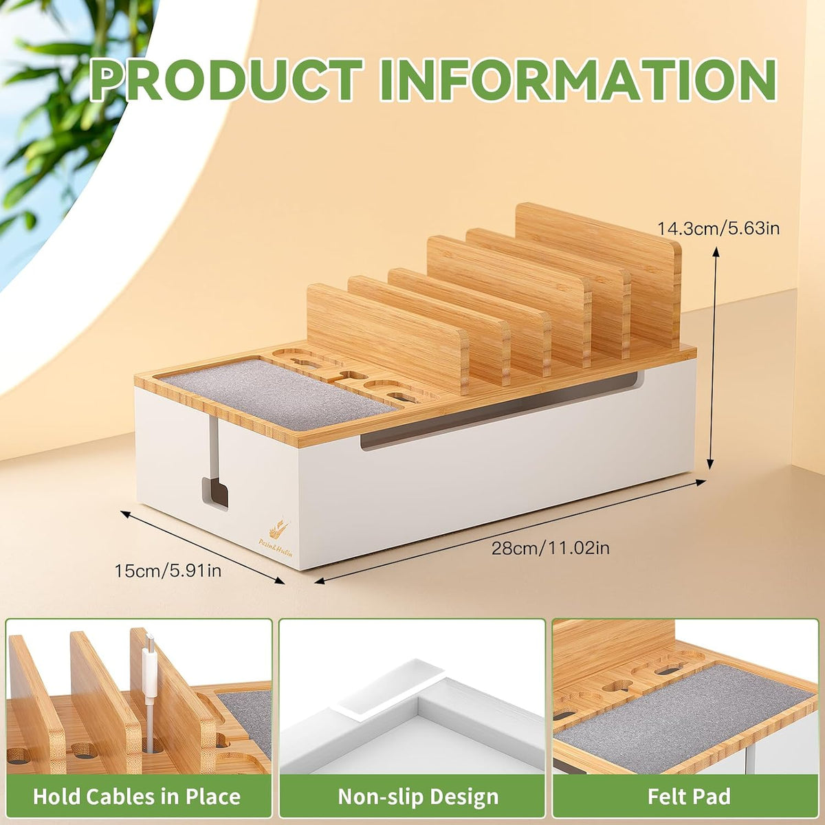 Pezin & Hulin Cable Management Box, Wire Organizer for Cords-Natural+White