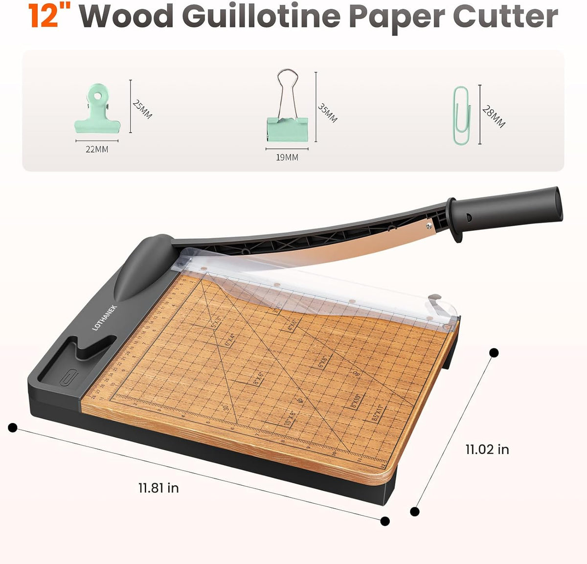 12 inch Wood Guillotine Paper Cutter, Heavy Duty Wood Base Paper Trimmer with 12-16 Sheets Capacity Paper Cutting Board for Classroom, Crafting, Cardstock, Art Projects (Gray)