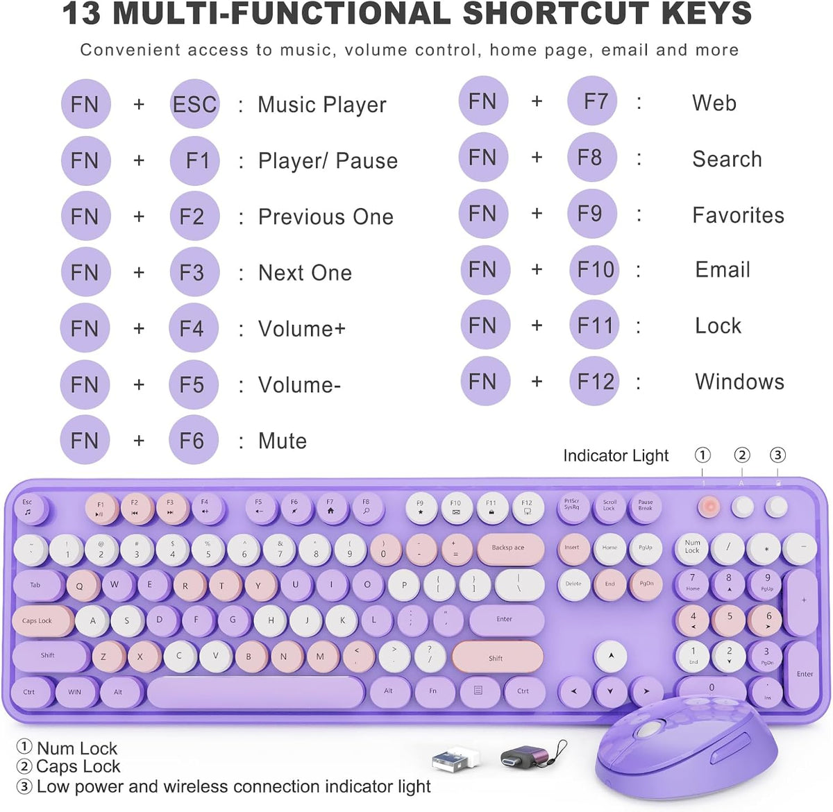 SkyGive Wireless Keyboard and Mouse Combo, Ergonomic Full Size Typewriter Retro Round Keycaps Keyboard, Compatible with Windows, PC, Perfer for Home and Office Keyboards (Lavender Purple