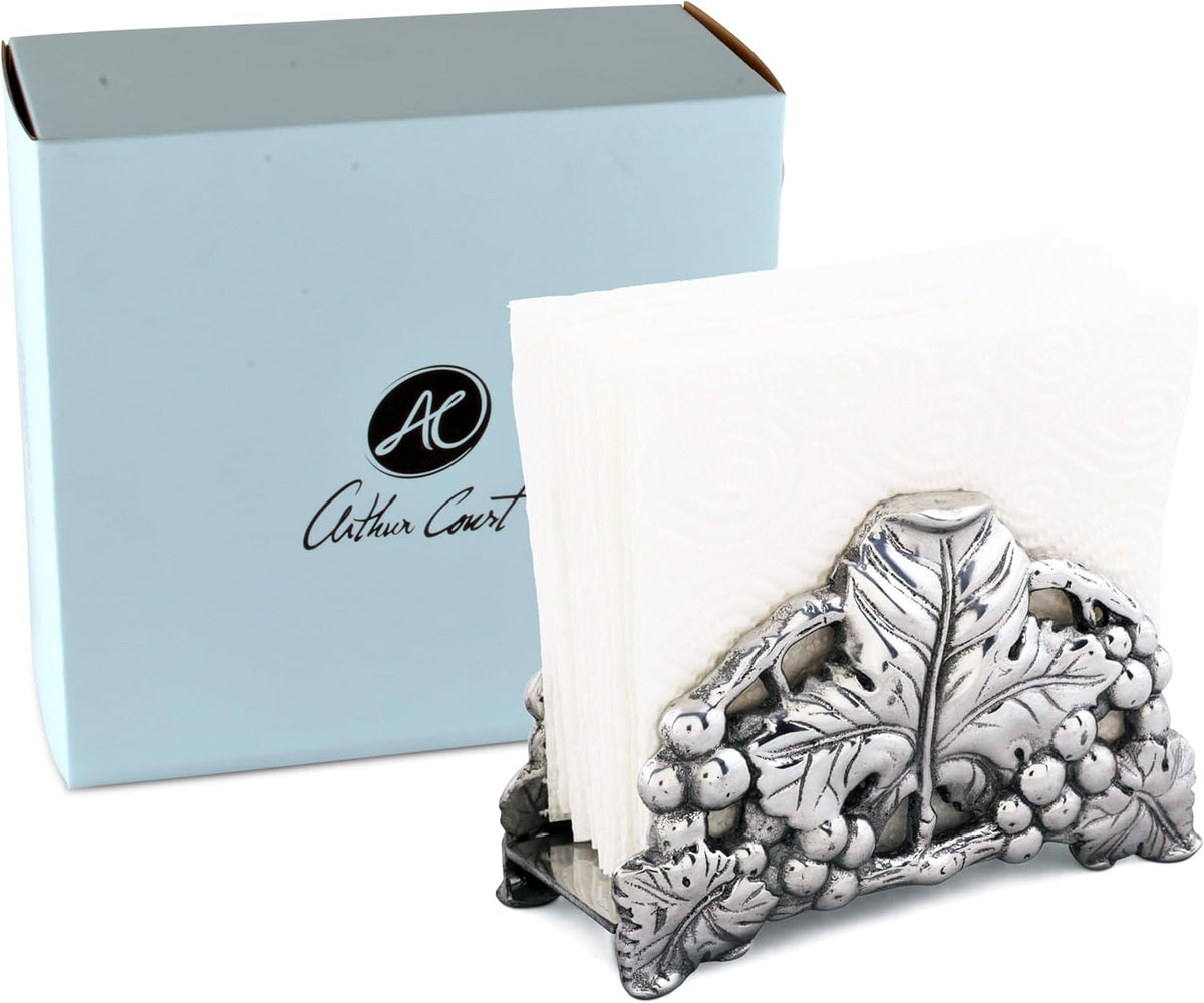 Arthur Court Grape Napkin Holder - Metal Upright Organizer for Kitchen Countertop - 6-inch Tall Aluminum Decor