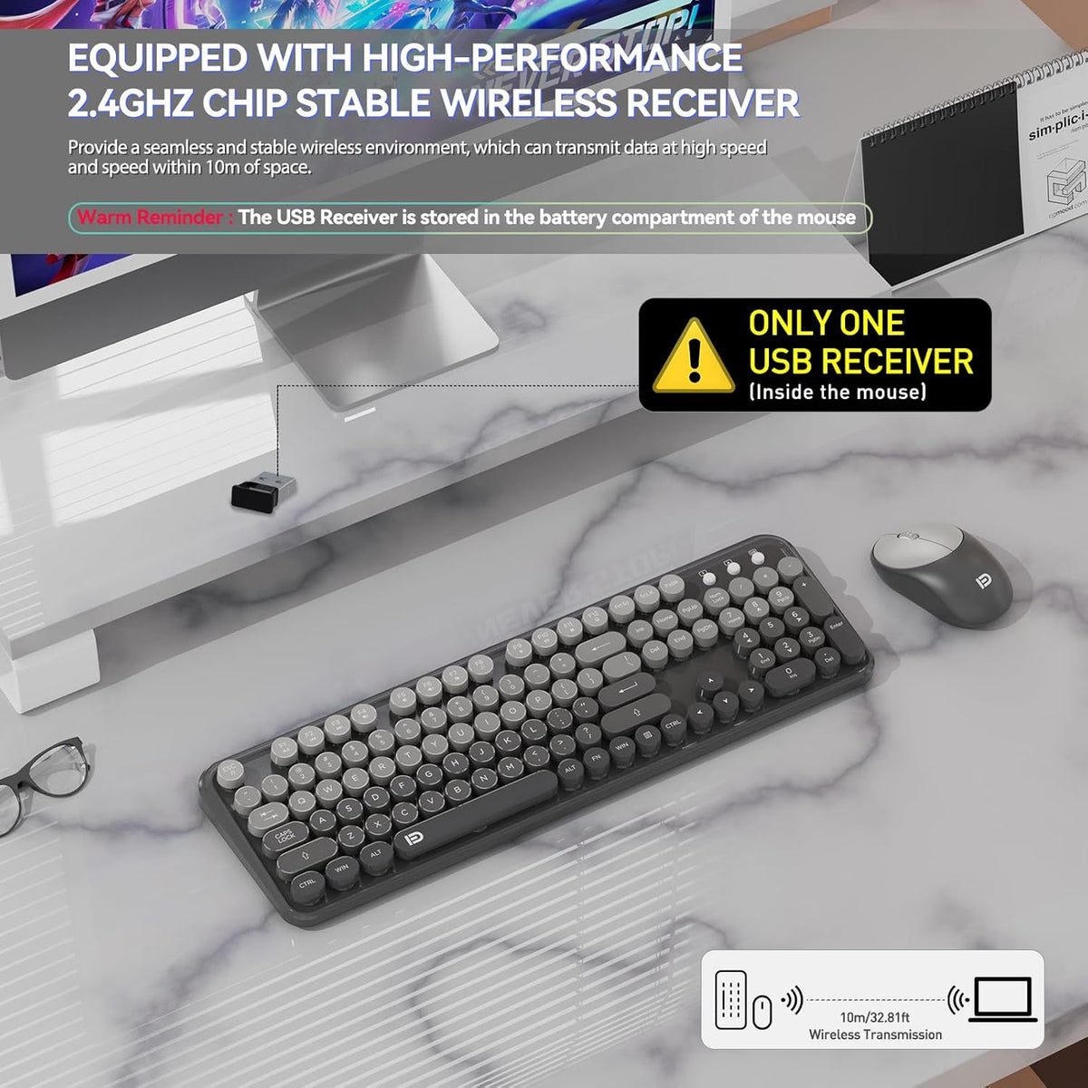 Wireless Keyboard and Mouse Combo,Retro Typewriter Bubble Keys,Black Grey