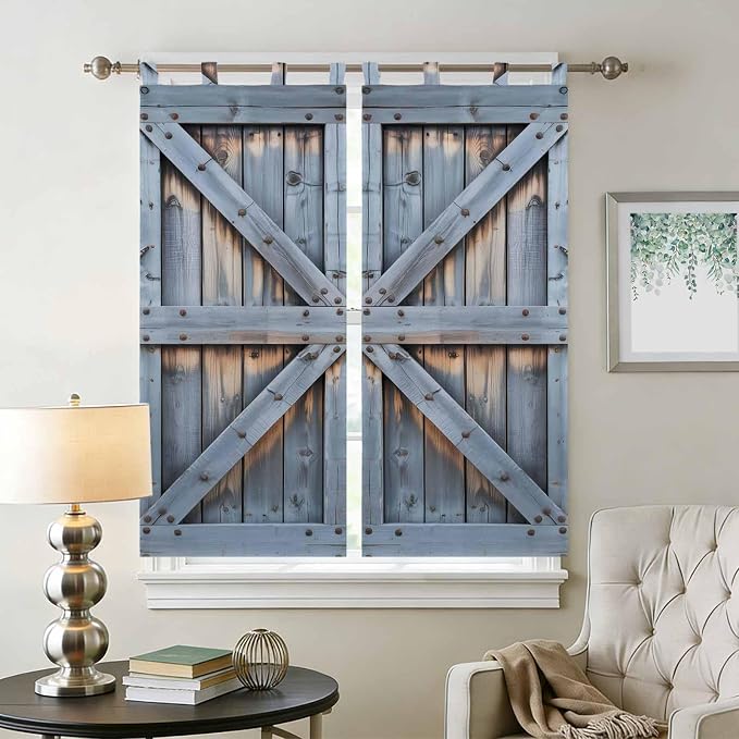 Farmhouse Wood Grain Living Room Curtains 84 Inch Length, Window Curtains Tab