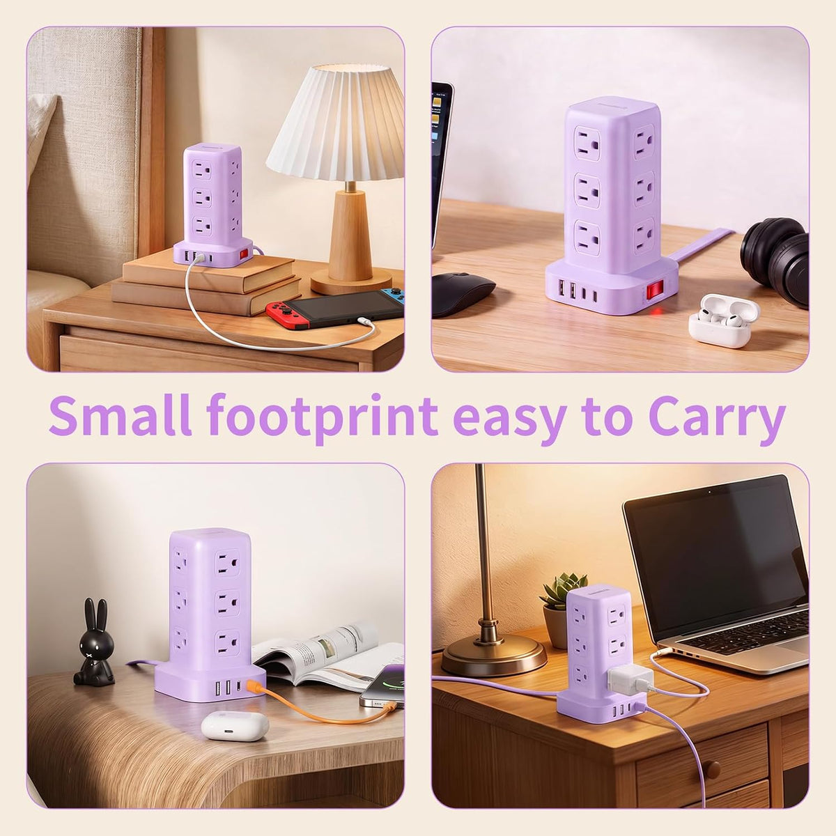 Extension Cord with Multiple Outlets, SMALLRT Power Strip Tower, Outlet Extender with 12 AC Outlets 4 USB, 6.5FT Extension Cord for Home Dorm Room, Office Supplies, Purple