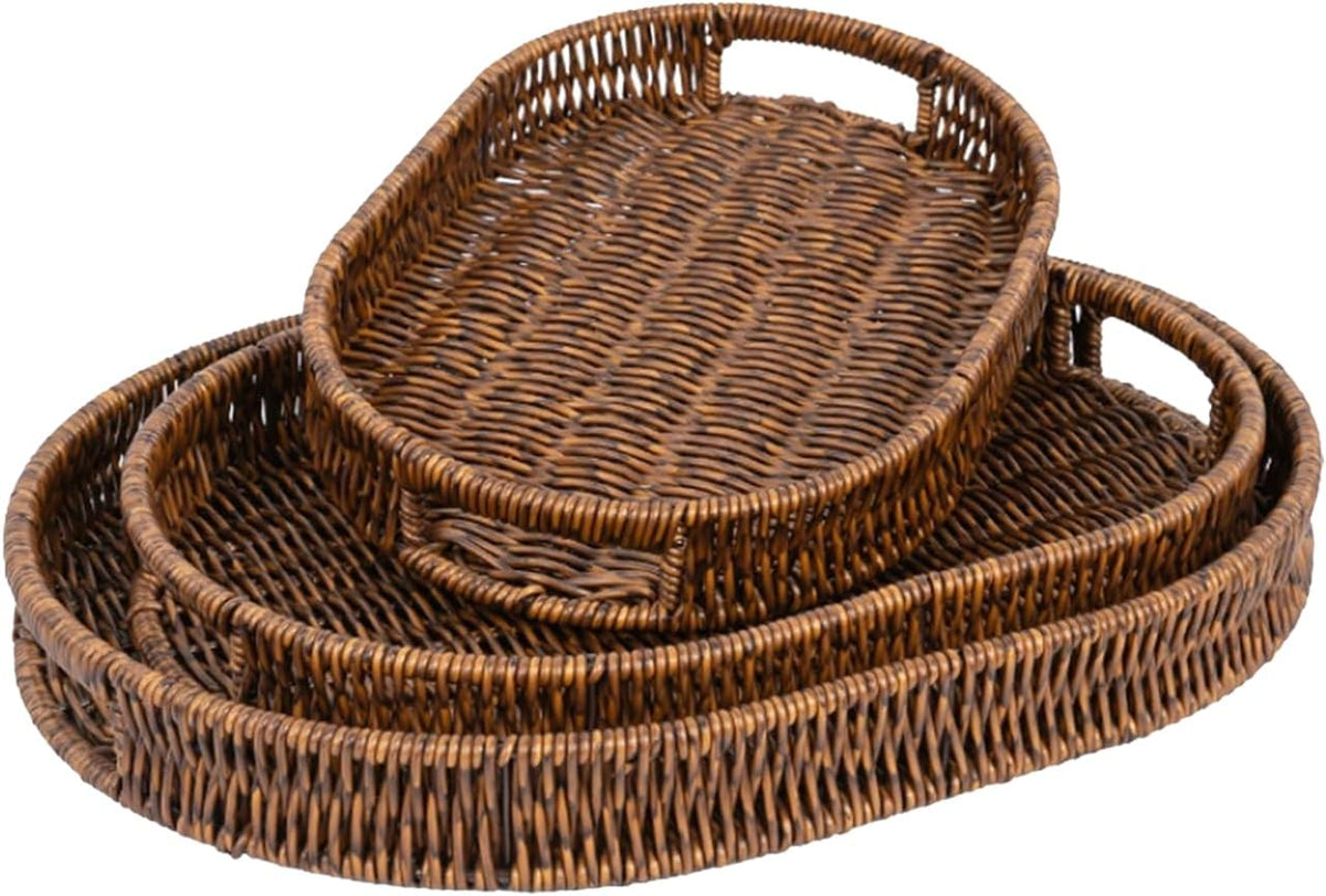 Set of 3 Serving Tray for Foods & Drinks, Faux Rattan Trays with Handles, Wicker Tray Handwoven Organizer Baskets Storage Decorative Coffee Table Brown