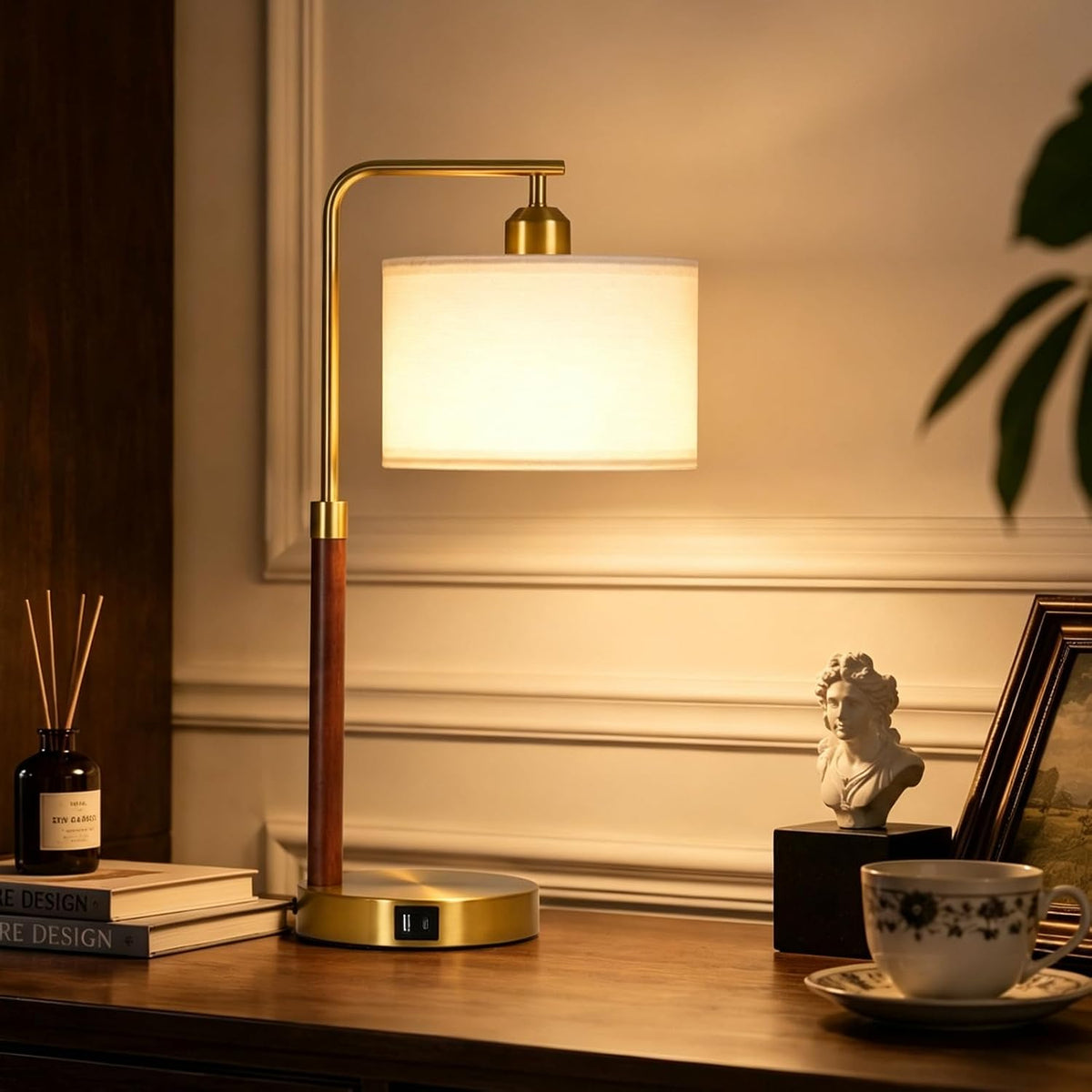 LAMSU Touch Lamp for Nightstand, Mid Century Table Lamp with Bulb, Solid Wood Pole, Dimmable Bedside Lamp with USB Charging Ports, Modern Gold Tall Desk Lamps for Bedroom Living Room Office