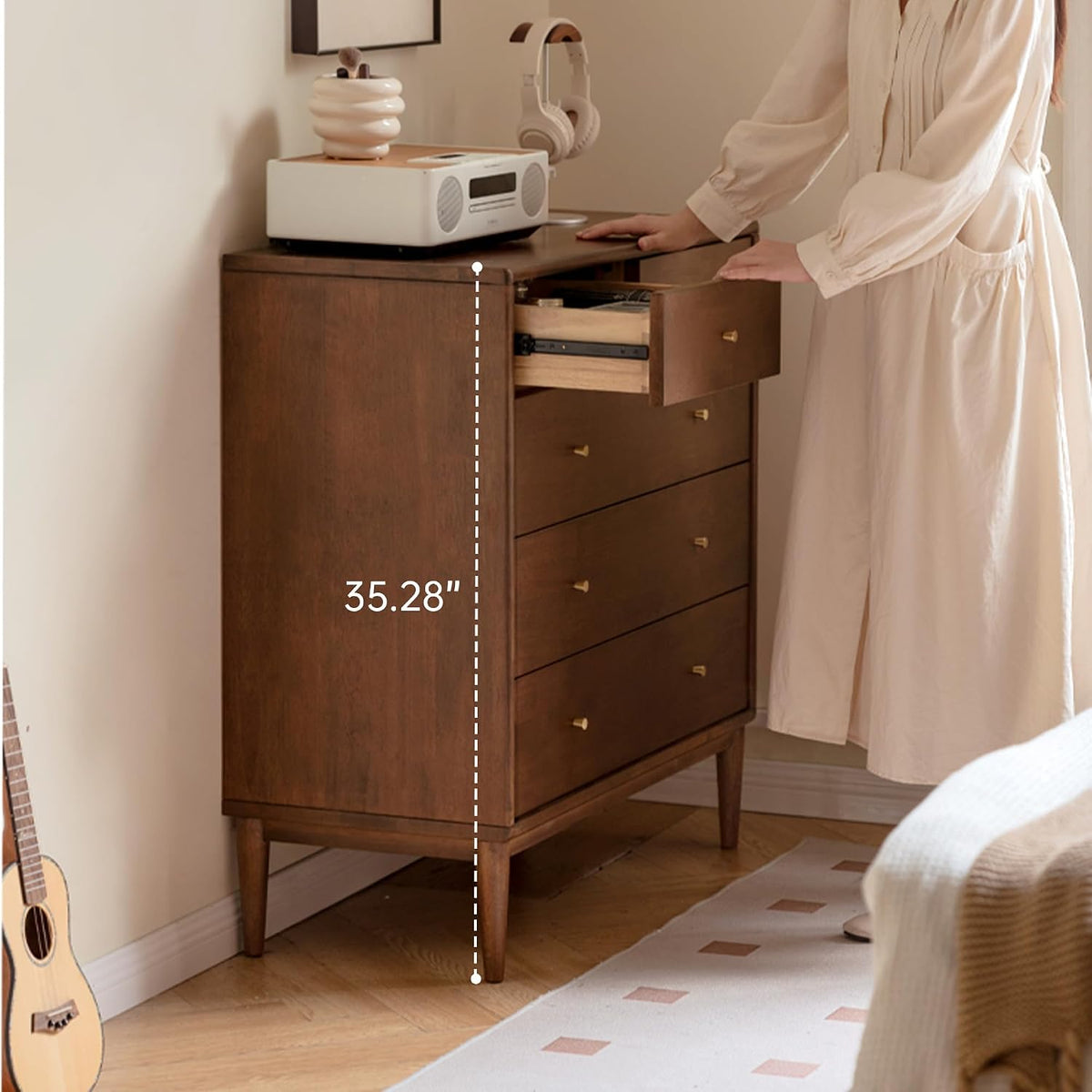 Solid Wood Nightstand, 5 Drawer Side Table for Bedroom, Wooden Storage Organizer, Modern Chest of Drawers for Living Room, Hallway, Closet, Walnut (33" W x 15.8" D x 35.4" H)