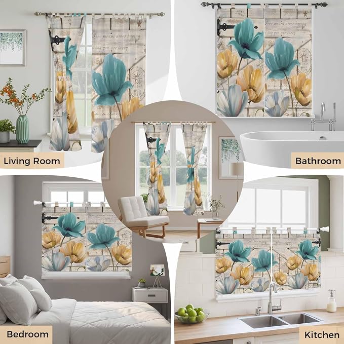 Watercolor Flowers Bedroom Curtains 72 Inch Length, Window Curtains Tab Top