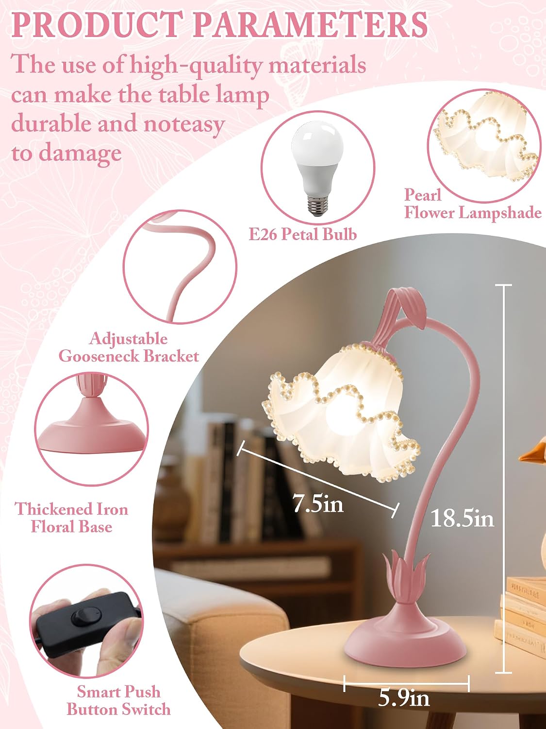 Flower Table Lamp LED Reading Light Vintage Night light (Pink Pearls)