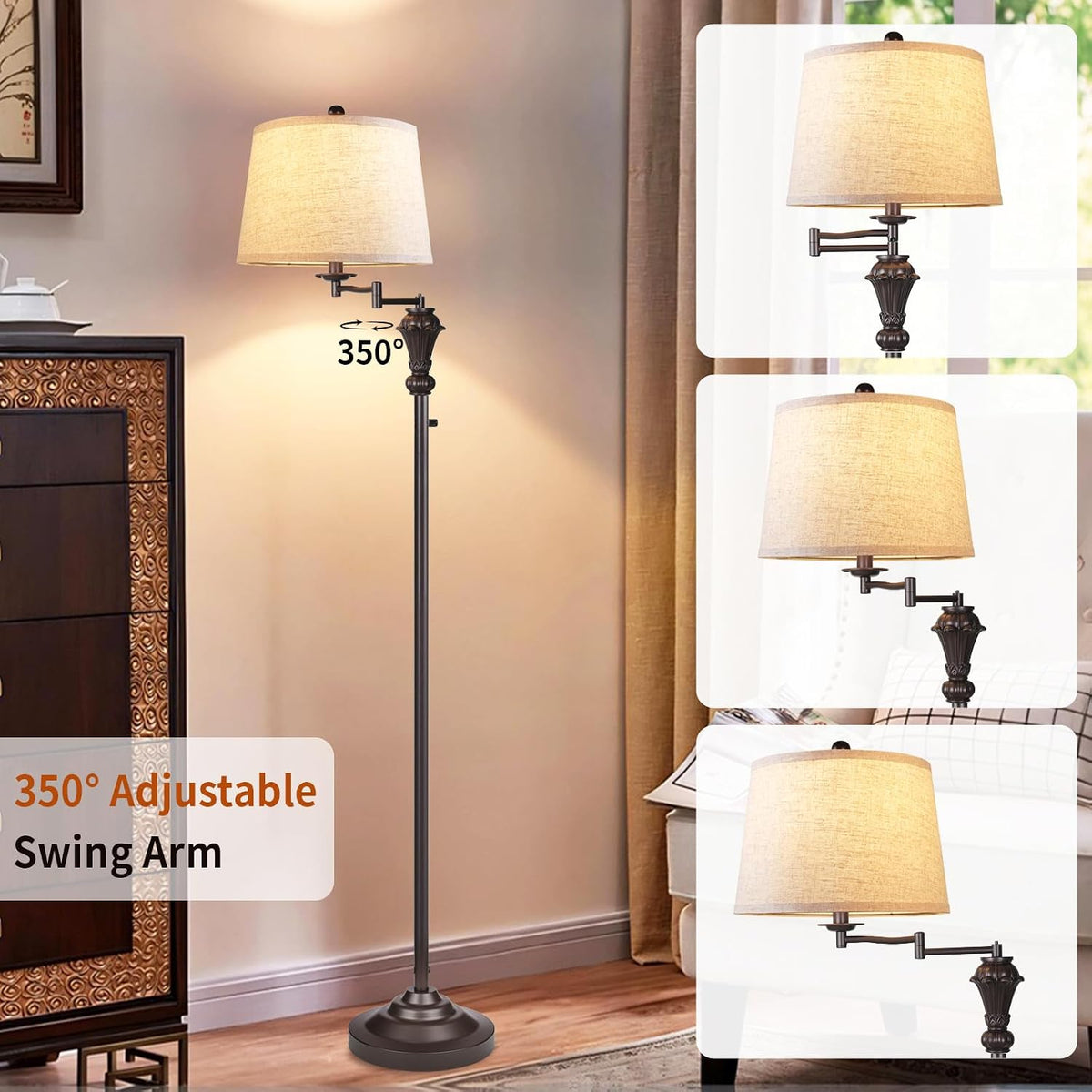 Dimmer Vintage Floor Lamp,Tall Standing Lamp with Adjustable Swing Arm,Brown Rustic Pole Lamps with Dimmer LED Bulb,Farmhouse Floor Lamps for Living Room Decor & Bedroom Office Reading