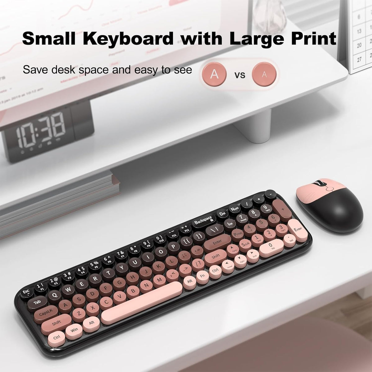 Wireless Keyboard and Mouse Combo, MOWUX Compact Typewriter Retro Round Computer Keyboard, Cute Optical Mouse Wireless, Plug and Play, for Laptop, PC, Computer- BlackBerry Gradient
