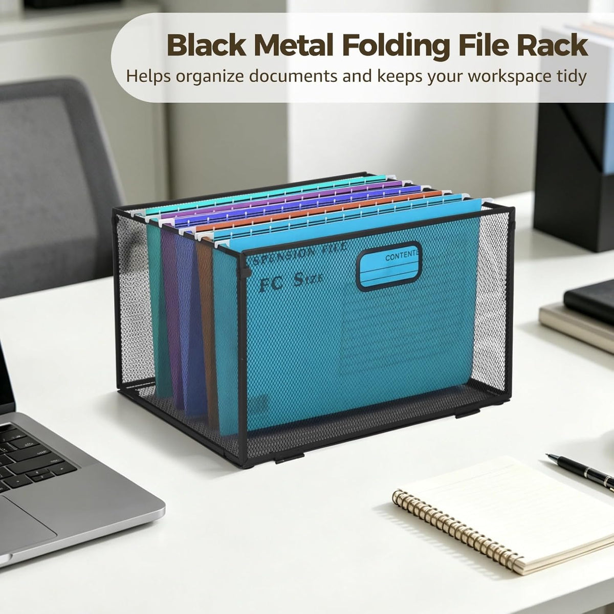 2 Pcs Black Metal Folding File Rack, Stackable Mesh Design Document Organizer with Portable Handles, Easy Assembly, 12.2 x 15.75 x 9.65 in, for Office Desk Storage & Hanging File Folders