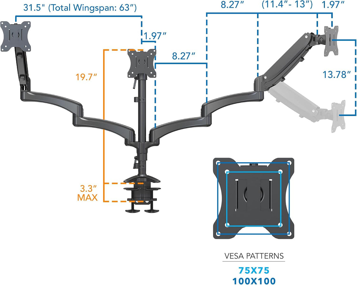 Mount-It! Triple Monitor Mount Desk Stand, 13-32", Black