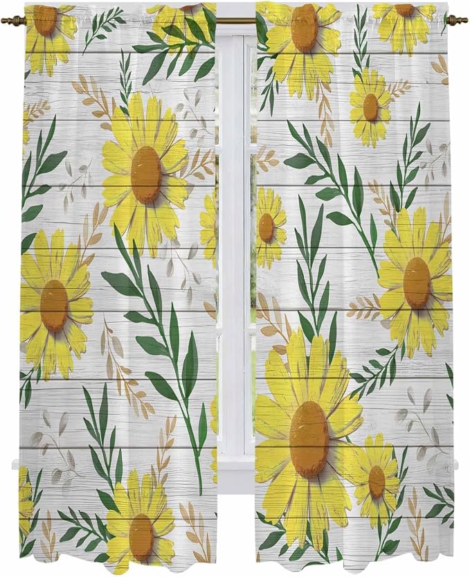 Yellow Daisy Kitchen Curtains, Farmhouse Country Flower Leaf Plant Wood Grain