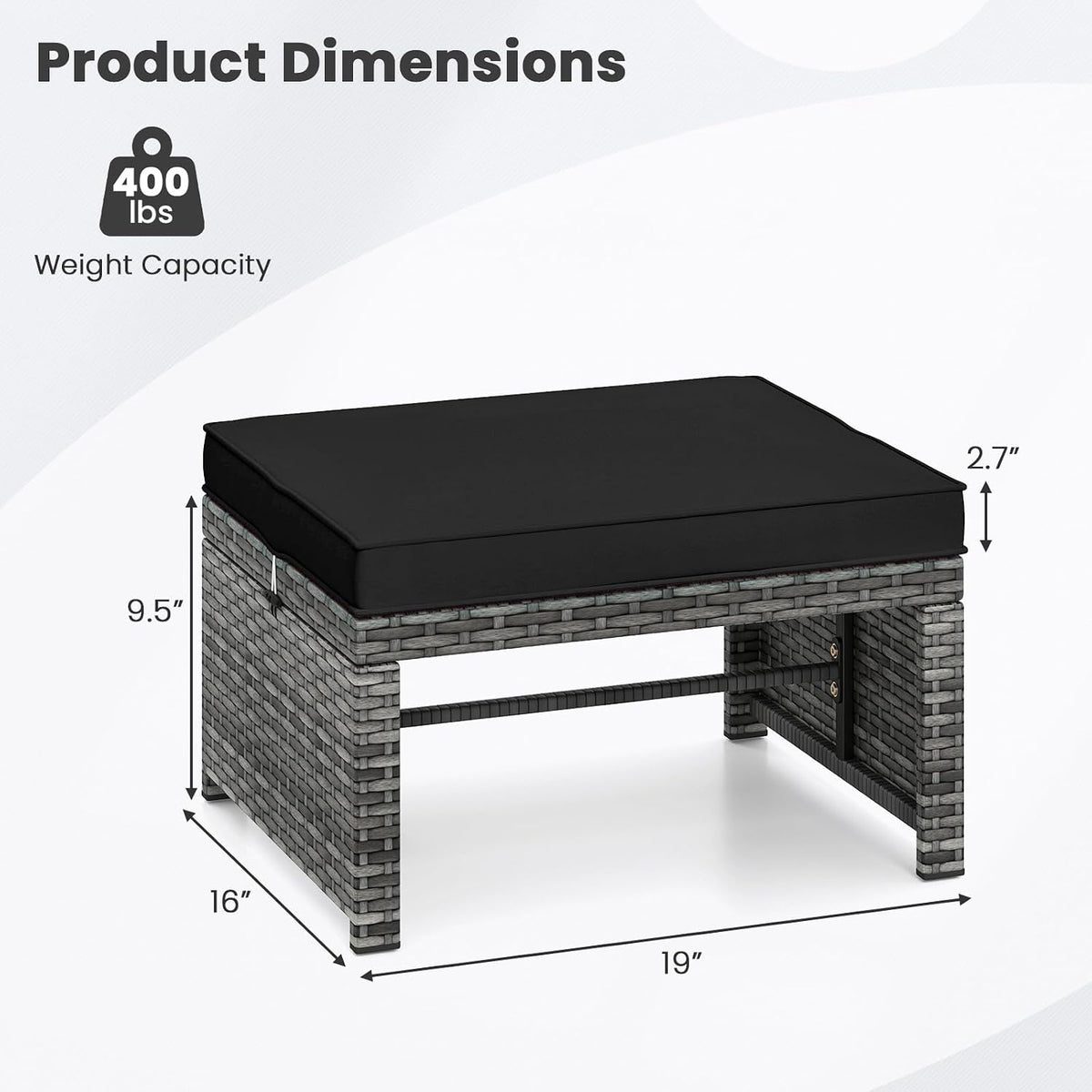 RELAX4LIFE Wicker Outdoor Ottoman Set of 2 - Rattan Footstools Foot Rest w/Removable Cushions, Multipurpose Side Table & Additional Seating, Outdoor Ottomans for Patio Garden Porch (Grey-Black)