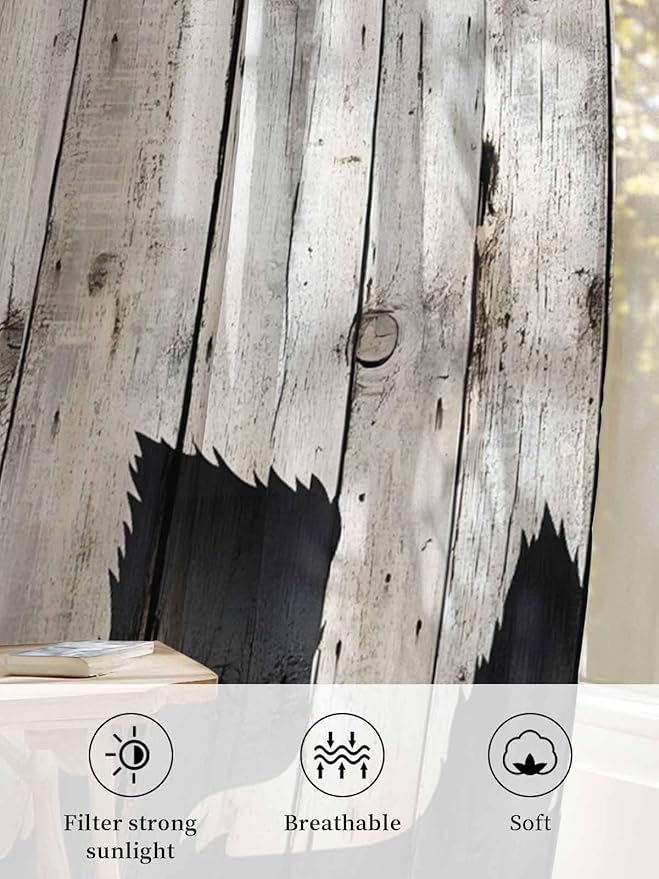 Sheer Curtains 84 Inches Long, Rustic Counrty Vintage Wood Grain Privacy Voile