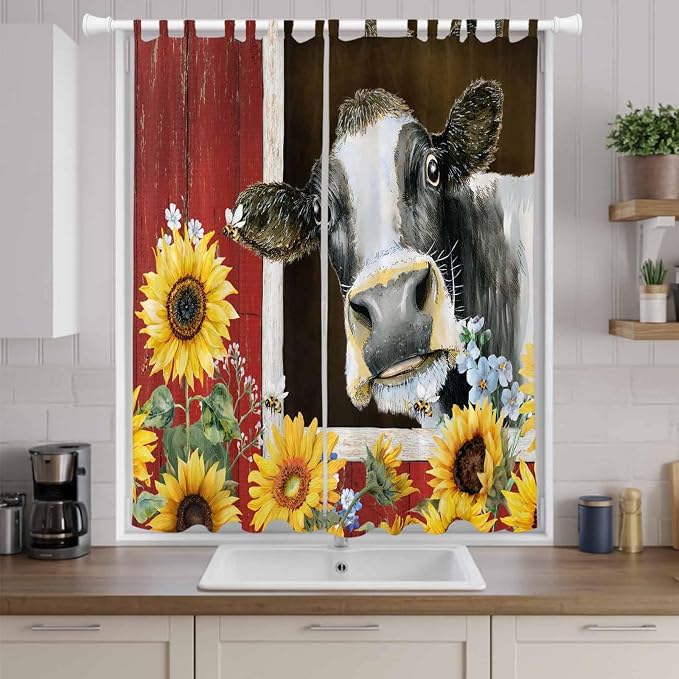 Cows Sunflowers Living Room Curtains 96 Inch Length, Window Curtains Tab Top