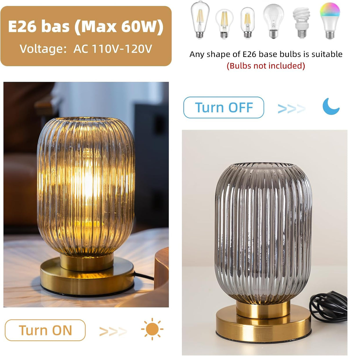 Modern Bedside Table Lamp, Smoky Gray Glass Table Lamp, Plug in