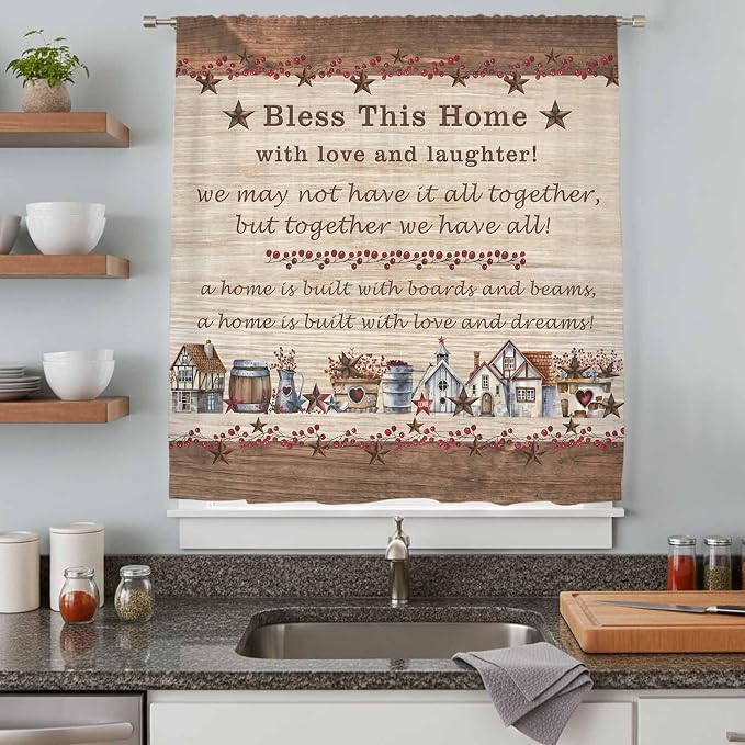 Farmhouse Sheer Curtains 54 Inch Length Brown Country Star Berry Vintage Wood