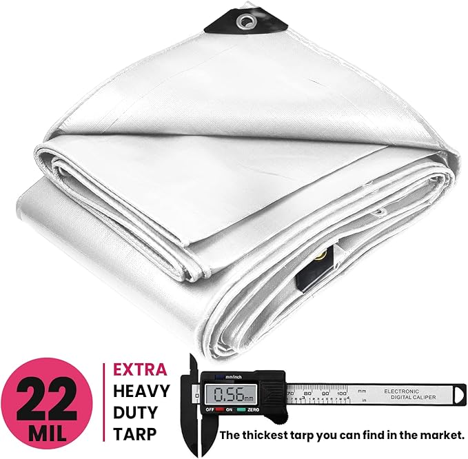 PROTARP Extreme Heavy Duty 22 Mil Tarp Cover, Waterproof, UV Resistant, Rip and Tear Proof, Poly Tarpaulin with Reinforced Edges for Roof, Camping, Patio, Pool, Boat. (White 30′ X 50′)