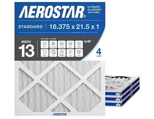 Aerostar 16.375 x 21.5 x 1 MERV 13 Air Filter, 4 Pack Set of HVAC Furnace