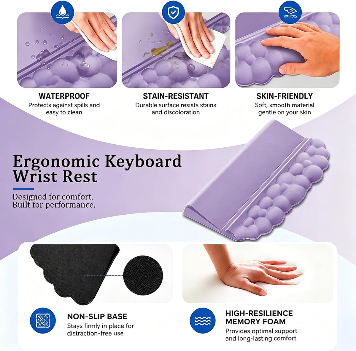 Cloud Keyboard Wrist Rest Set, 3 in 1 Ergonomic Memory Foam Keyboard Stand Pad with Mouse Wrist Support & Cup Holder, Anti-Slip Desk Cushion for Office Gaming Typing Pain Relief, Purple