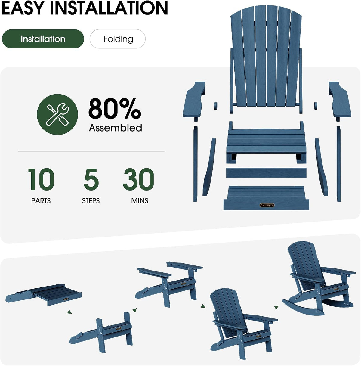 4-in-1 Rocking Adirondack Chair Set of 2, HDPE, Footrest, Navy Blue