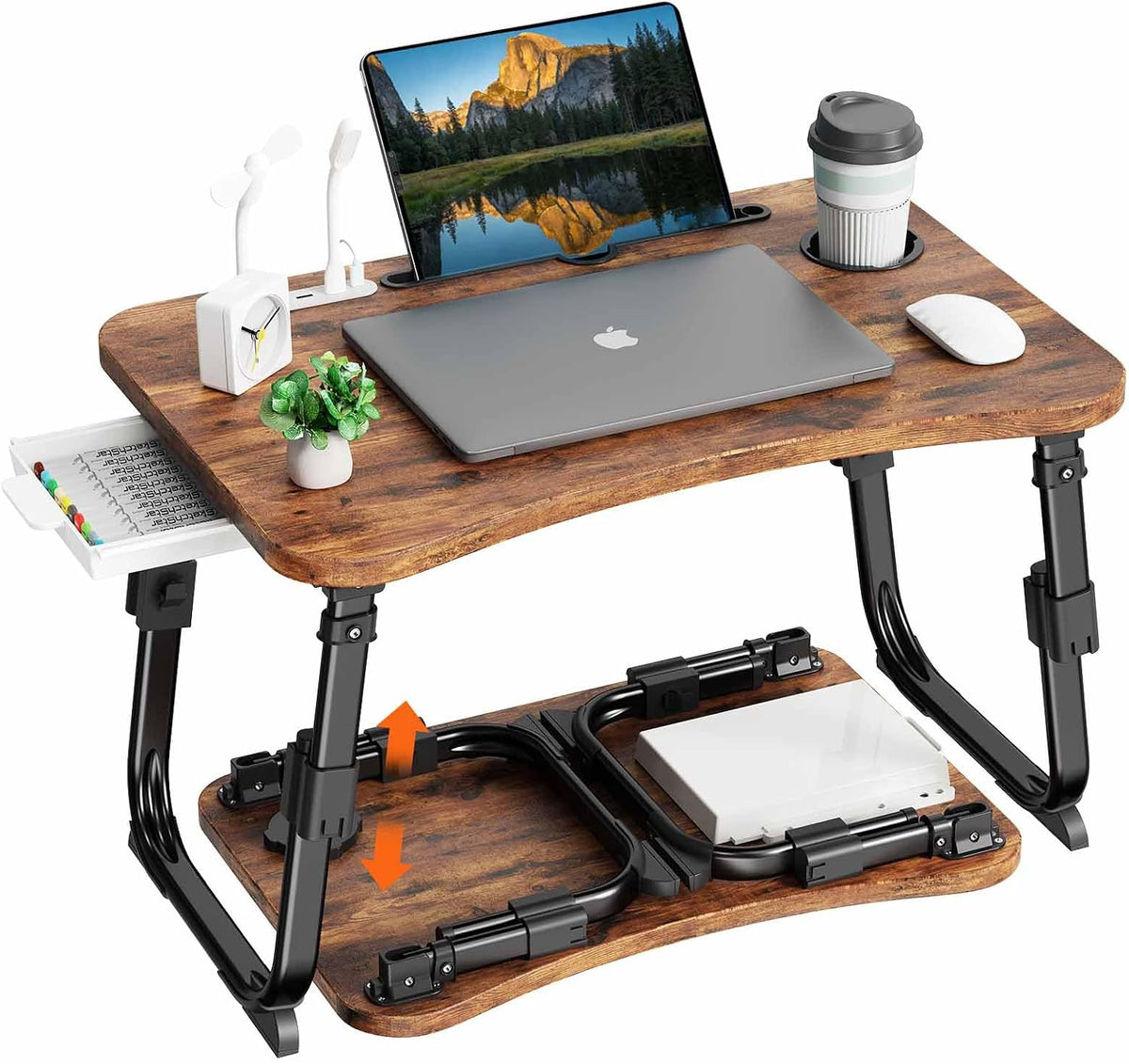 BYMECOST Laptop Desk for Bed, Height Adjustable Laptop Bed Table, Foldable Portable Lap Desk Stand with USB/Storage Drawer/Cup Holder/Slot, Breakfast Tray for Working Reading Writing Eating