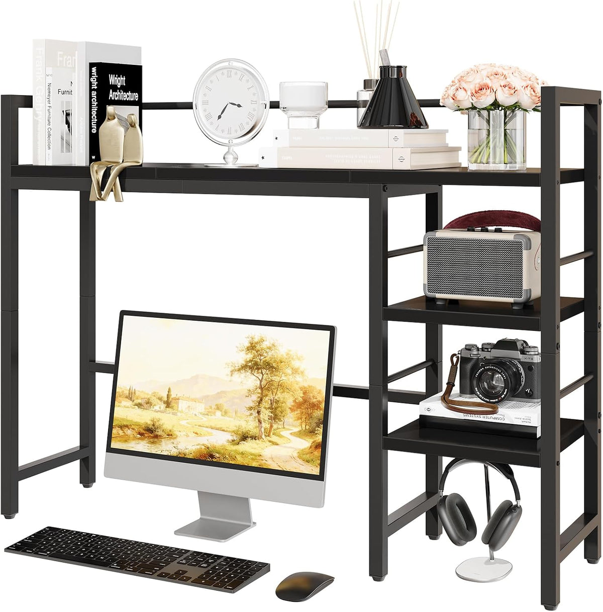 HavenlyYouth Desk Shelf, 38.6 Inch Wood Desk Organizer Shelf for Computer Monitor, Desk Hutch Storage, Desktop Shelf for Top of Desk, 3 Tier Desktop Bookshelf for Home Office Dorm, Black