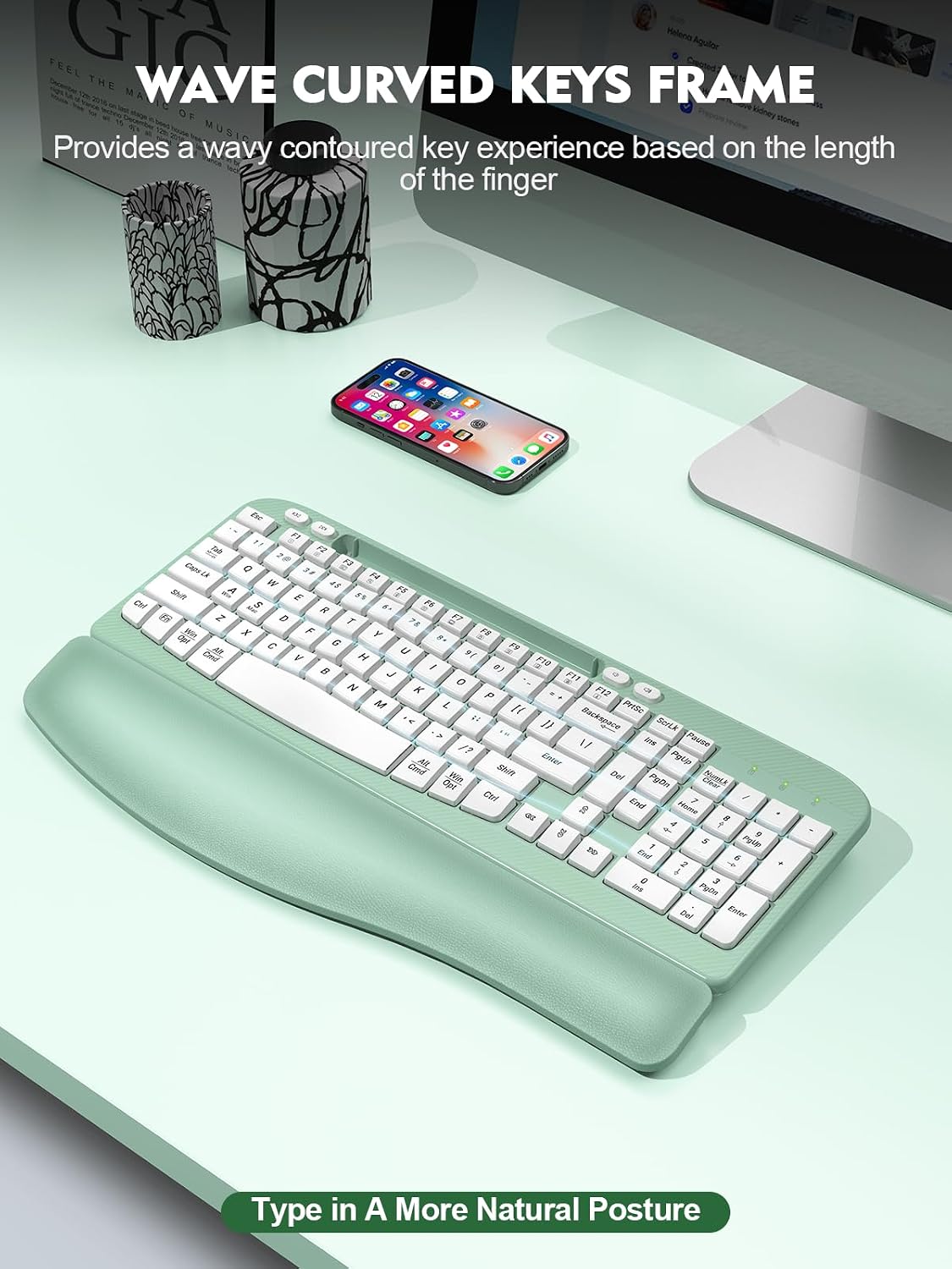 EAYBLLY 2.4G Wireless Ergonomic Keyboard, Full Size Wave Keys with Memory Foam Wrist Rest & 7.28in Phone Holder, USB-C Adapter Included for Windows Mac Chrome OS, Office or Home (Mint Green)