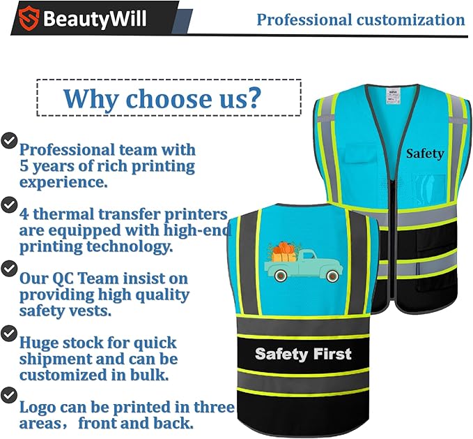 BeautyWill 10 Pack Custom Mesh Safety Vest Customized Logo Class2 High Visibility Reflective Vest with Pockets Construction workwear（Blue Black，3XL ）