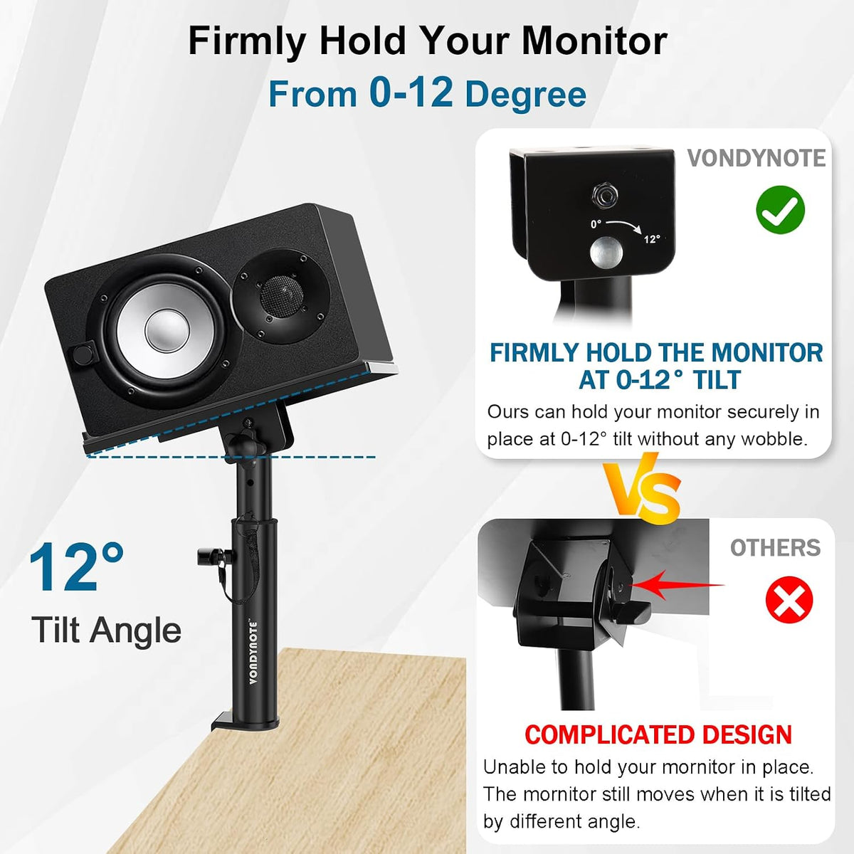 Vondynote Pair of Studio Monitor Stands Desk Clamp Speaker Stands 12°Tilt