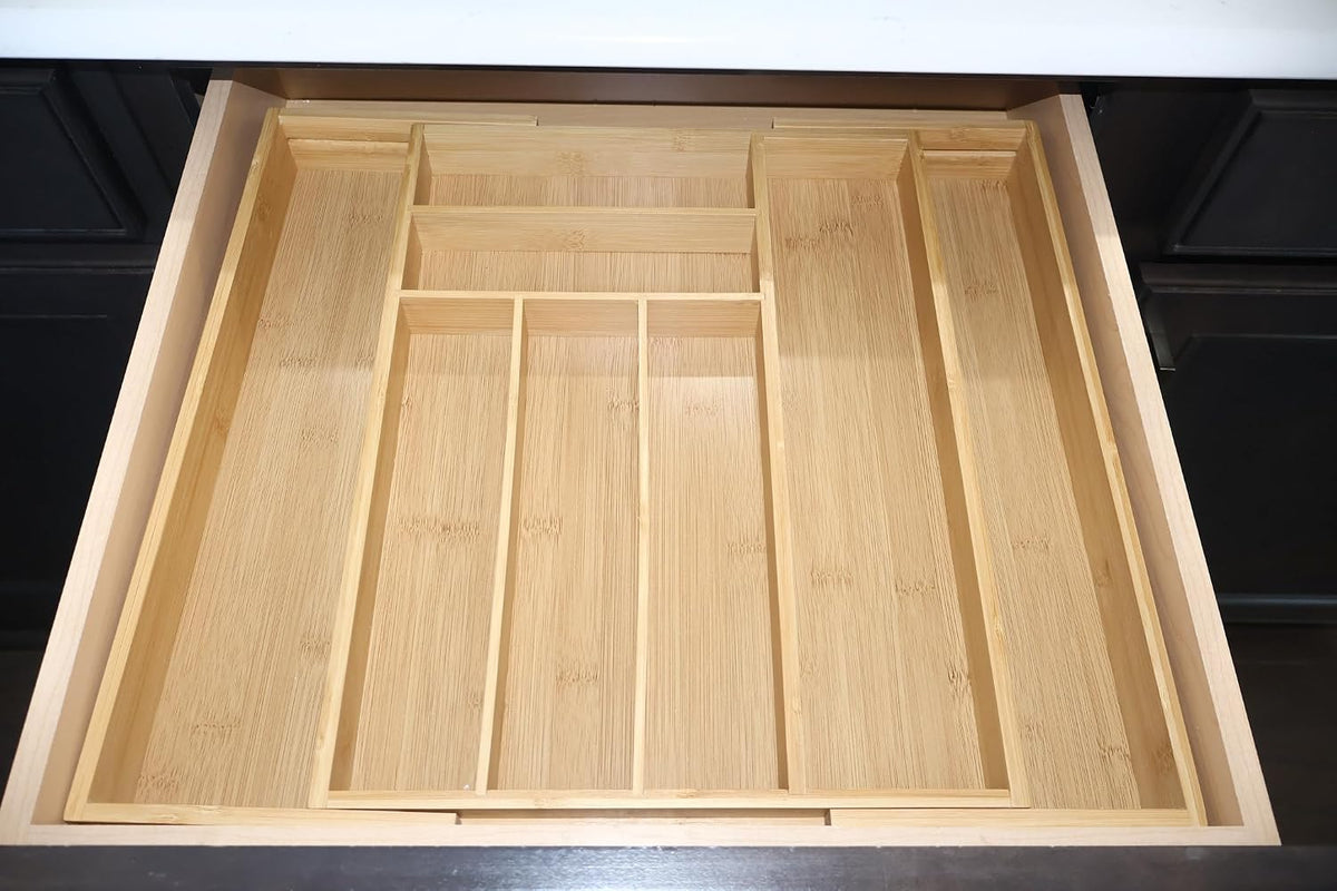 Nexxuss Bamboo Kitchen Drawer Organizer, Expandable Utensil Organizer with Removable Knife Block, Cutlery Tray Holder with Divider, Adjustable Silverware Organizer, Wood Tableware Dividers Storage