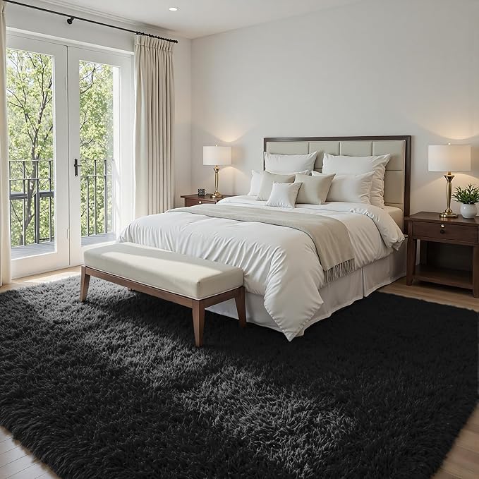 5x7 Area Rugs for Living Room: Ultra Soft Fluffy Shag Black Rug for Bedroom