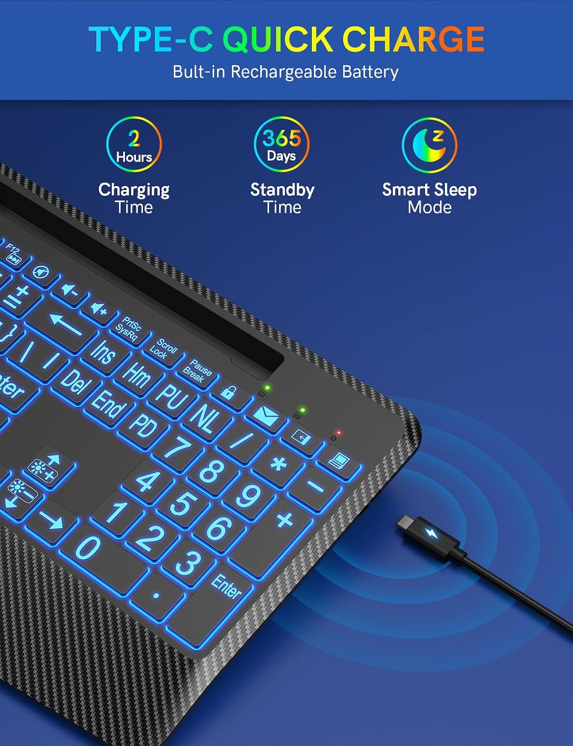 Wireless Keyboard, 7 Colored Backlits, Wrist Rest, Phone Holder-Large Print