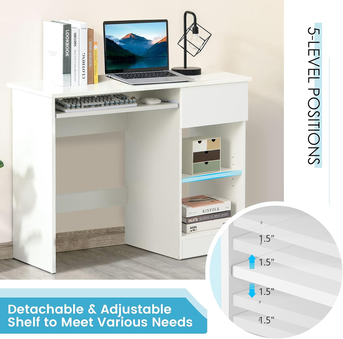 COSTWAY Computer Desk with Keyboard Tray, Large Drawer, Home Office Desk with Adjustable Shelf & Cable Hole, Study Desk, Modern Writing Workstation, PC Laptop Table (White)