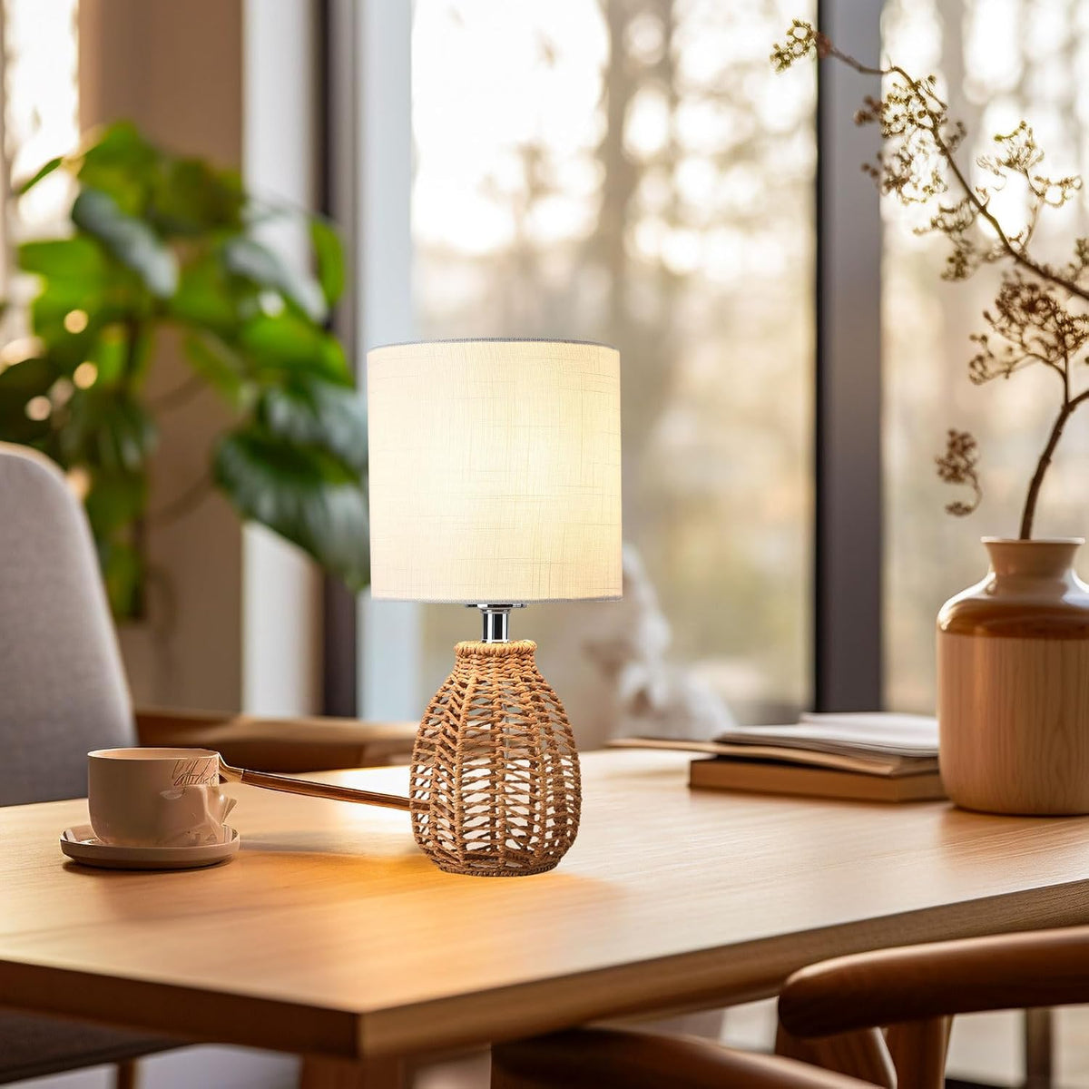 KUNJOULAM Rattan Table Lamp, Small Nightstand Lamp with Linen Fabric Lampshade, Desk Lamp Bedside Lamp for Living Room Home Office, Without Buld