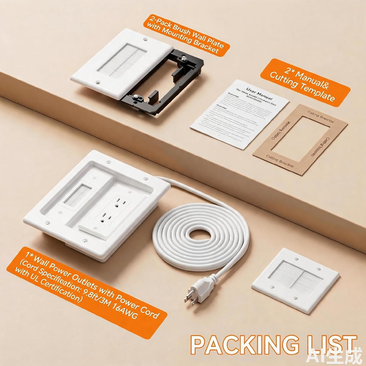 Wall Cable Management Kit, with 9ft Power Cord, Brush Wall Plate & Bracket