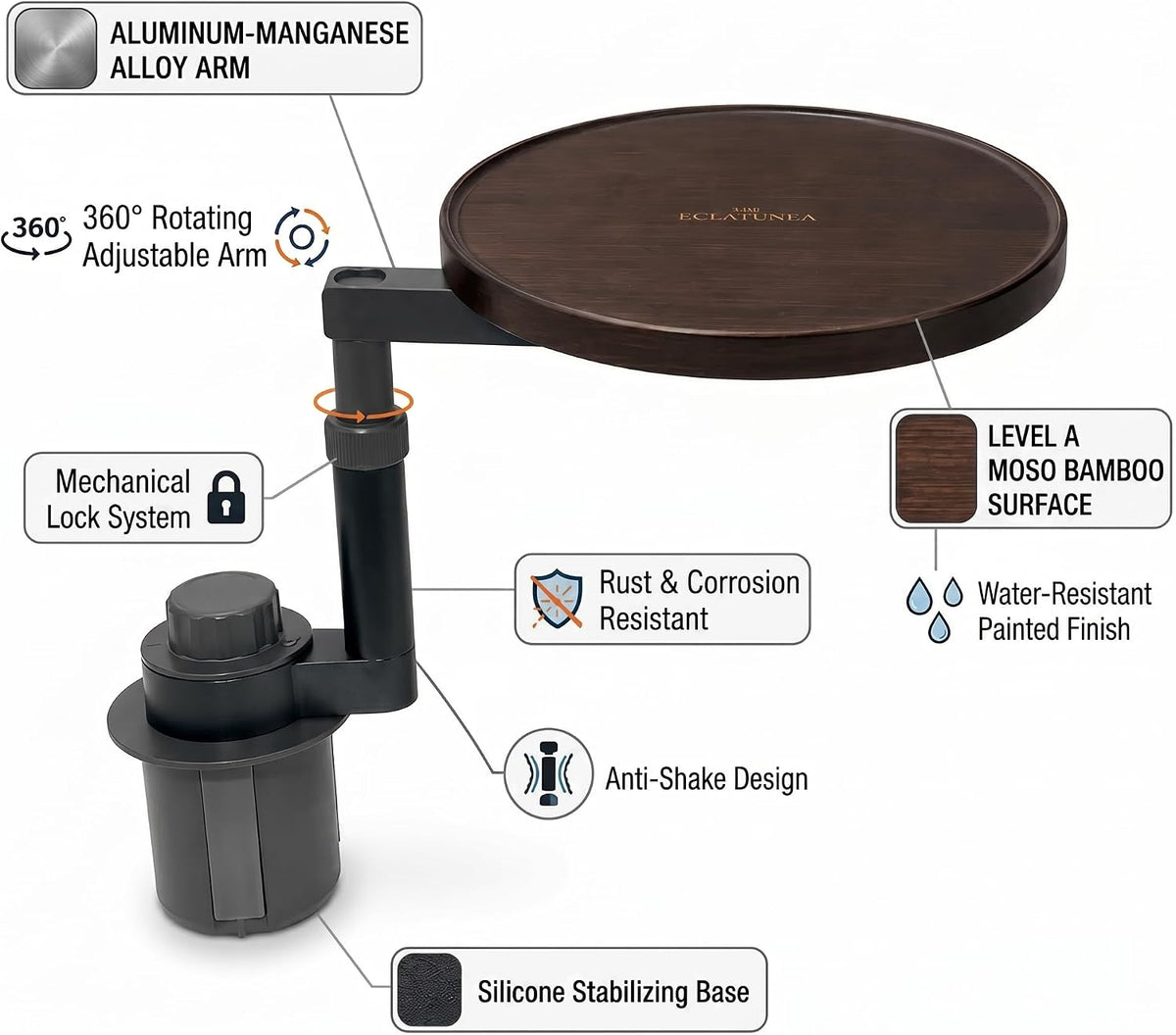 Car Cup Holder Tray Table - 360° Swivel Car Desk & Food Tray for Eating, Laptop Mount, Bamboo Car Organizer Table Accessories
