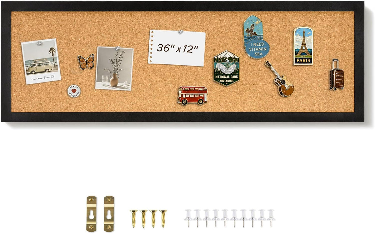 DOLLAR BOSS Narrow Linen Bulletin Board 36"x12" Long Cork Board, Black