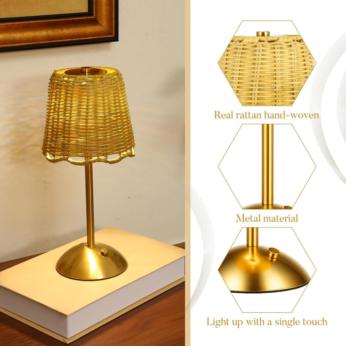 Pickmesh 2 Pack Rattan Table Lamp, Cordless LED Boho Wicker Desk Lamp