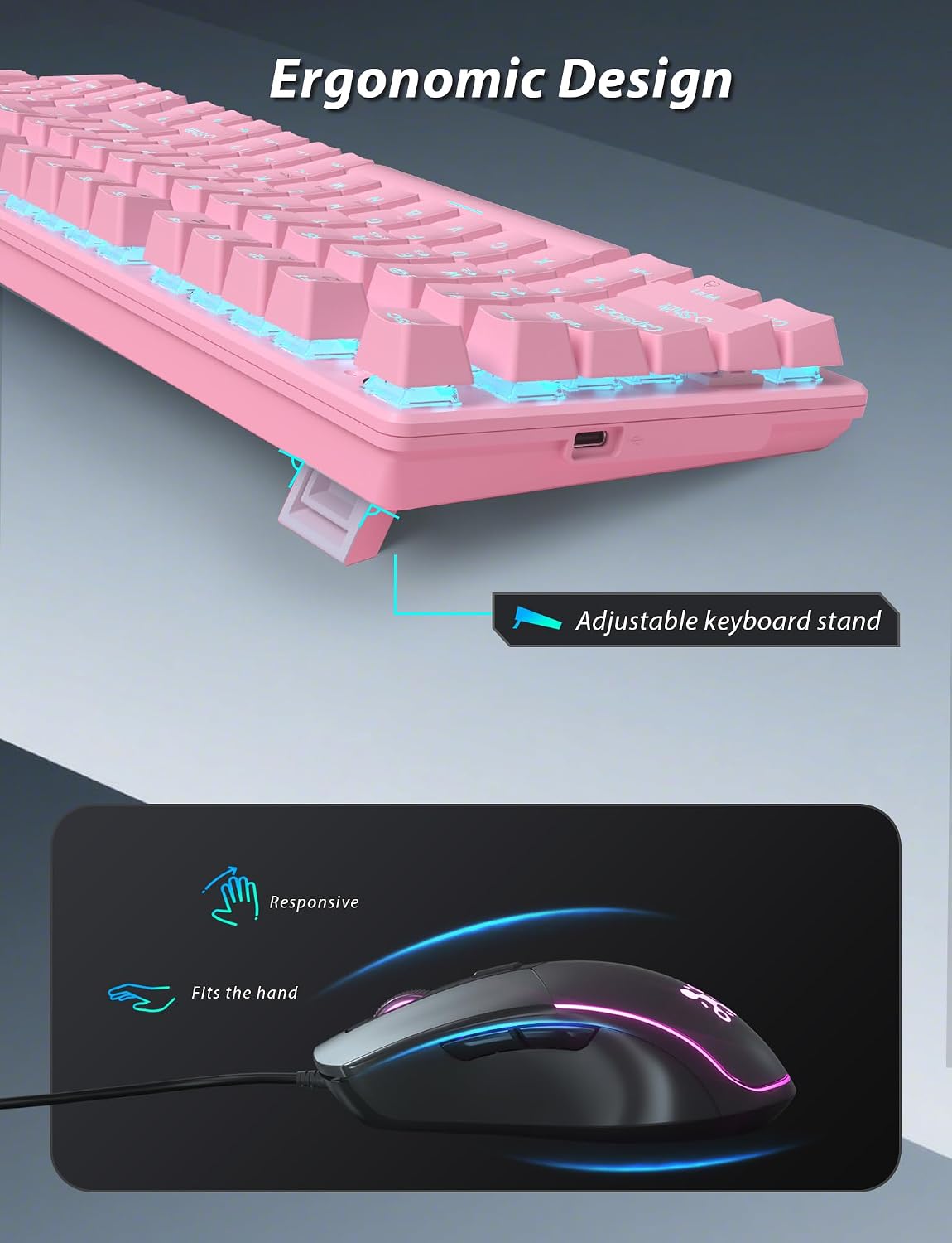 Mechanical Gaming Keyboard and Mouse, LED Backlit 98-Key Floating Keycap & 4 DPI RGB Gaming Mouse with Mouse Pad, Full Anti-Ghost Light Up Wired Computer Keyboards for MAC PC Gamer Accessories, Pink