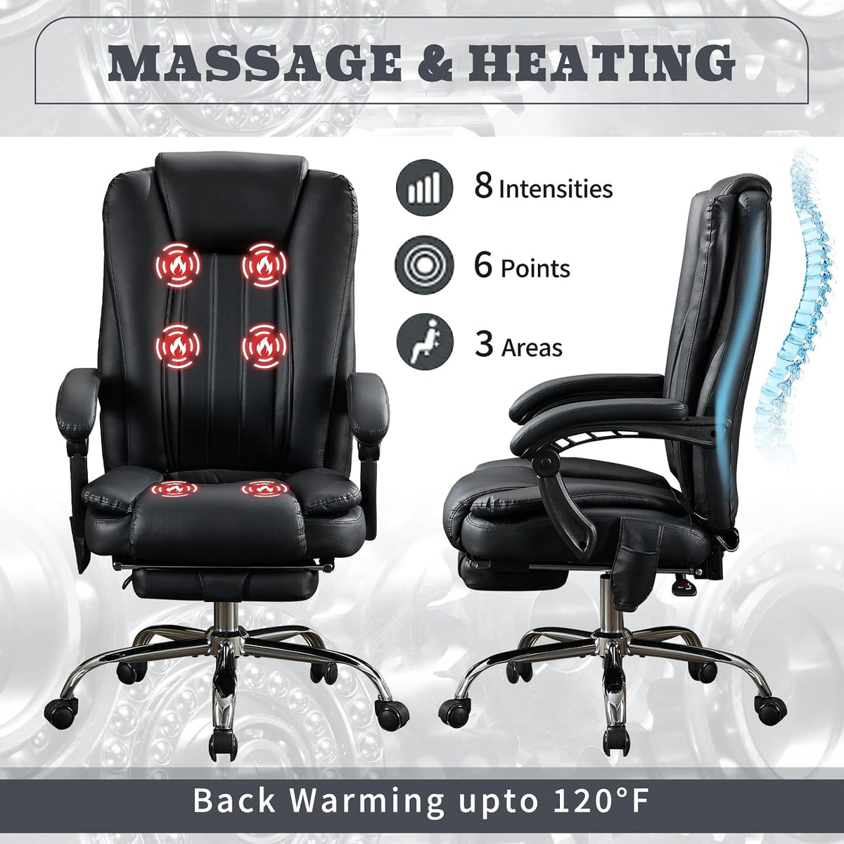 Big and Tall Massage Office Chair 500lbs, Heated Reclining Desk Chair