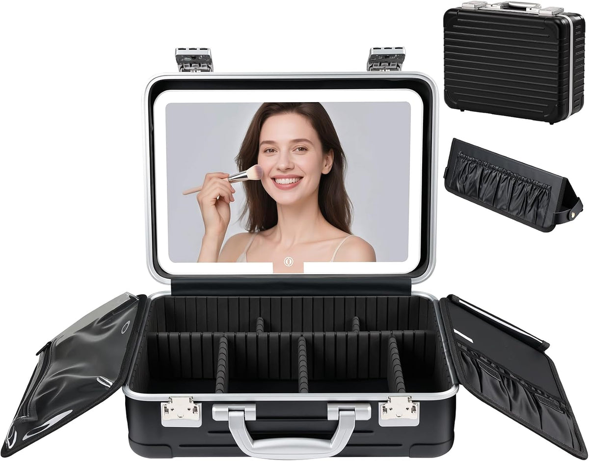 BEAUTY CASE Makeup Case with LED Mirror, 16 inch PC and Aluminum Shockproof Hard Shell Cosmetic Organizer Case, Portable Travel Vanity Box with Brush Board, Combination Lock, Black