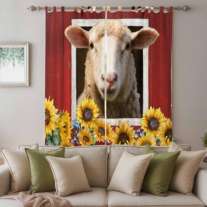 Sheep Sunflower Living Room Curtains 84 Inch Length, Window Curtains Tab Top