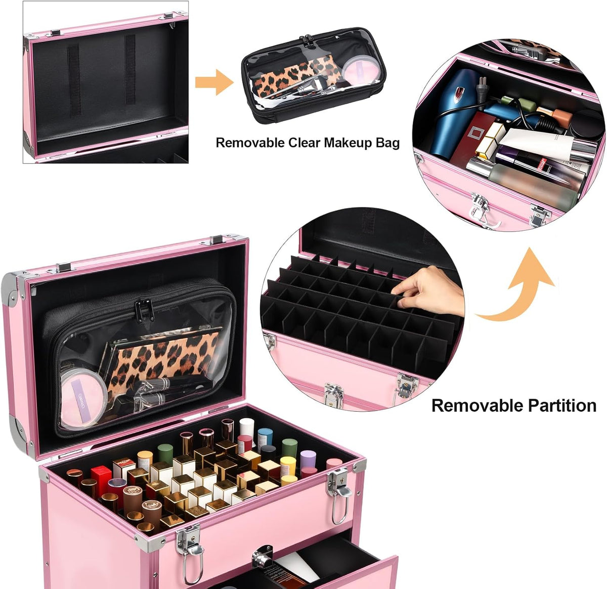3 in 1 Rolling Makeup Case, Professional Cosmetology Case on Wheels, Detachable Clear Makeup Bag & Nail Polish Organizer, Portable Makeup Trolley with Drawers for Makeup Artists & Nail Technicians