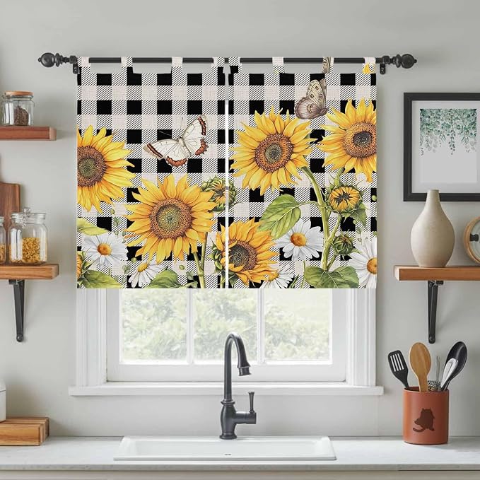 Sunflowers Kitchen Curtains 45 Inch Length, Short Cafe Window Curtains Tab Top